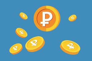 Russian Ruble Gold Coins Falling From Top on Blue Background. Realistic 3D Gold Coins. Ecommerce free credit concept. vector