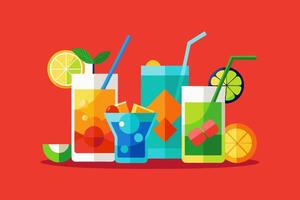 Lush and Inviting Set of Cocktail Glasses with Ice, Lemons, and a Spectrum of Extra Flavors for a Refreshing Experience Flat Illustration vector