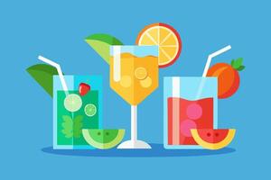 Dynamic Illustration of Colorful Cocktails with Slices of Lemon, Chilled Ice, and an Assortment of Flavorful Ingredients Flat Illustration vector