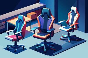 Computer Game Streaming Studio Set of 3 Gaming Chair. Cartoon Illustration of Lounge Room Tables. vector