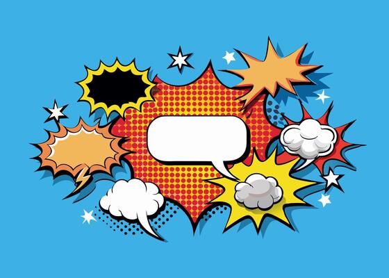 New Design of Colorful Panel Comic with Blank Speech Bubbles on Blue Background.
