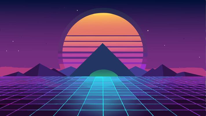 Vaporwave Retro Futuristic 80's Synthwave Landscape with Big Sun Background. 3D illustration Render