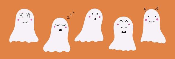 Cute Halloween Ghosts Set. Hand drawn spooky flying white spirits with face and emotions. Funny characters on orange background. Simple Halloween horror element vector