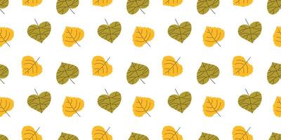 Floating yellow and green autumn leaves create a seamless pattern for postcards and posters. Simple minimalist tree parts are hand drawn and arranged in a chaotic manner. vector