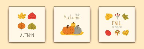 Minimalist autumn greeting square card, poster, cover, with bright hand drawn leaves. Handwritten text with editable stroke. Fall print collection, Sale flyer design. Simple Pumpkins and foliage vector