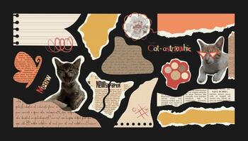 Fun Paper elements for Collage with Cat. Torn and cut shapes from note sheets, newspaper, old books, Notepad. Abstract bright and cheerful element for Scrapbook. Copybooks pages and quotes with kitten vector