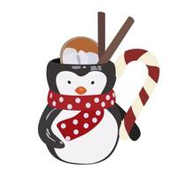 Penguin cup with cocoa, marshmallows and cinnamon sticks. Merry Christmas and Happy New Year greeting card. Penguin character in a flat style on a white background vector