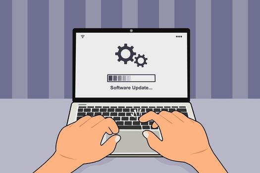 A laptop on the table with updating progress bar on screen. Software system update process concept vector