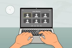 Man using a laptop for online meeting. Learning or meeting online with conference vector