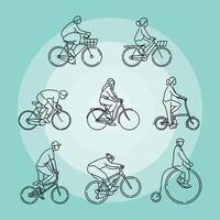 Various Types of Biker with Bicycles Monoline Collection vector