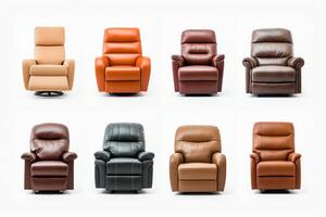 Set of recliners in multiple styles, each image cleanly cut out on a white background, perfect for living room furniture and home theater setups photo