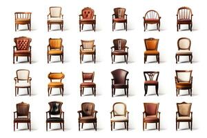 Collection of dining chairs in various styles, from modern to classic, all in highquality format, isolated on white, suitable for dining room layouts and furniture catalogs photo