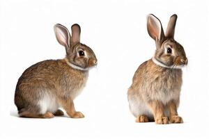 Two rabbits, one facing left and the other facing right, isolated on a white background. photo