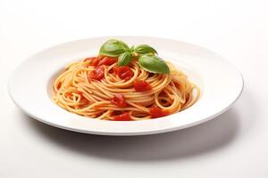 A plate of spaghetti with tomato sauce and basil. The spaghetti is cooked al dente and the sauce is rich and flavorful. The basil adds a fresh and herbaceous flavor to the dish. photo