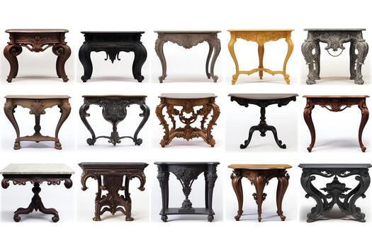 Variety of console tables, from sleek to ornate designs, all in highquality format, isolated on white, suitable for hallways and entry spaces photo