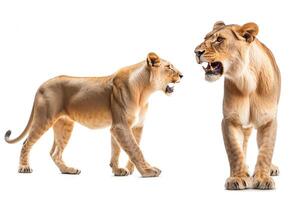 Two lionesses, one walking and one standing, isolated on a white background. photo