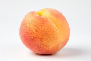 A single peach sits on a white table. Its skin is a deep orange, with a slight blush of red on one side. The peach is photo