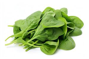 A close-up image of a handful of fresh spinach leaves. The leaves are green and have a smooth texture. The spinach is arranged in a pile. photo