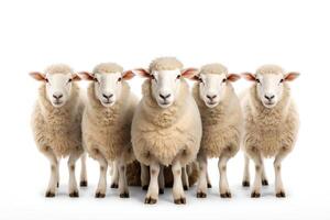 A group of sheep standing in front of a white background photo
