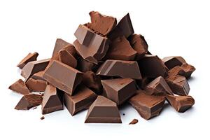 A pile of dark chocolate chunks on a white background. The chunks are various sizes and shapes. photo