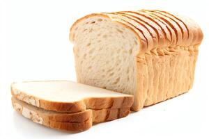 A close-up image of a loaf of bread. The bread is sliced and has a golden crust. The background is white. photo