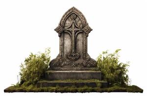 A stands in a overgrown cemetery. The is made of gray stone and has a cross on the front. The is surrounded by tall grass and weeds. photo