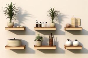 Bathroom shelves in different styles, each presented in format, isolated on white, suitable for bathroom storage and organization photo