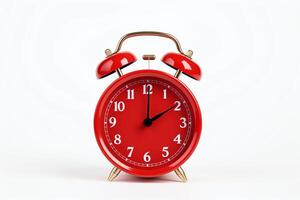 A red alarm clock is sitting on a white table. The alarm clock is set photo
