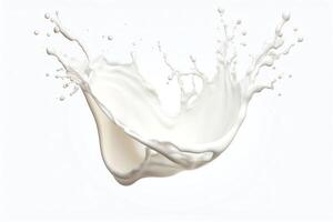 Create a photorealistic image of a milk splash. The milk should be in mid-air and have a smooth, creamy texture. The background should be a solid white. photo