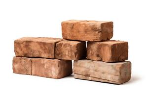 A stack of six red bricks. The bricks are old and weathered, with a rough texture. The bricks are stacked in a haphazard manner, with no discernible pattern. photo