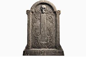 A weathered tombstone stands in a overgrown cemetery. The skull and crossbones etched into the stone are a reminder of the mortality. photo