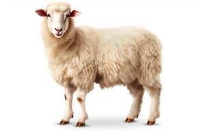 Generate a realistic image of a sheep. The sheep should be standing on a white background and facing the camera. The sheep should be white and have a fluffy coat. photo