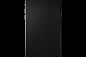 Generate a photo of a black phone with a blank screen. The phone should be placed in the center of a black background. The phone should be in portrait orientation.