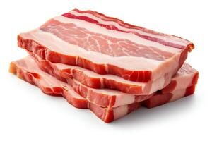 Single raw bacon slice, detailed meat and fat layers visible, isolated on a white background, highquality for food projects. photo
