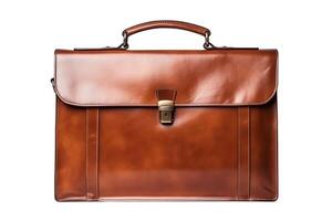 A brown leather briefcase is sitting on a white background. The briefcase is closed and has a handle and two locks. photo