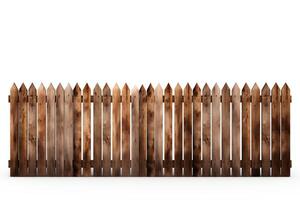 A tall wooden fence made of vertical planks with pointed tops. The fence is weathered and has a natural wood grain texture. photo