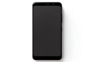 último modelo teléfono inteligente, pulcro negro diseño, desplegado frontalmente, aislado en un blanco fondo, formato, adecuado para tecnología reseñas foto