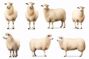 A set of six realistic illustrations of sheep in different poses photo