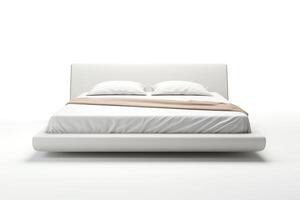 Create a photorealistic image of a minimal bed frame with pillows, sheets, and a blanket. The bed is white and the background is white. The bed is in the center of the image. photo