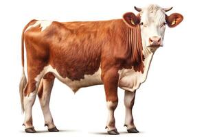 A photo of a cow standing on a white background. The cow is brown and white, with a large head and a long tail. It is looking at the camera with a curious expression.