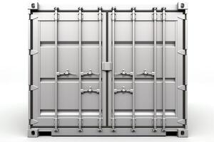 A gray metal shipping container is sitting on a white background. The container is closed and has two doors. photo