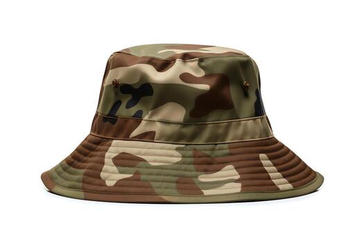 Bucket hat, camouflage pattern, casual style, slightly angled view, isolated on a white background, in for diverse use. photo
