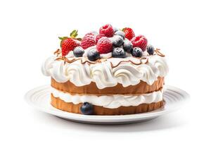 Beautiful close up of a two tiered cake with strawberries, raspberries and blueberries on top. The cake is on a white plate and there is a white background. photo