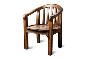 Generate a 3D model of a wooden chair with a curved back and seat. The chair should be made of dark wood and have a rustic appearance. photo