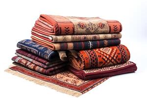 Assortment of rugs in different patterns and sizes, all cleanly isolated on white, suitable for home and office floor decor photo
