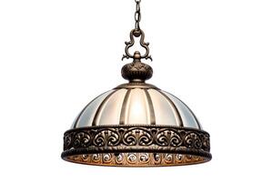 Design a ornate pendant light using frosted glass and aged bronze. The light should be in the shape of a dome and have an intricate filigree pattern on the bottom. photo