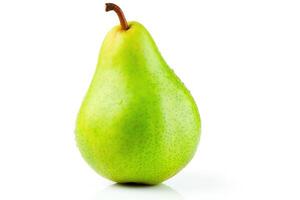 Vibrant green pear, naturally lit, sharp focus, isolated on a stark white background, in format for easy editing. photo