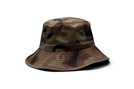 Bucket hat, camouflage pattern, casual style, slightly angled view, isolated on a white background, in for diverse use. photo