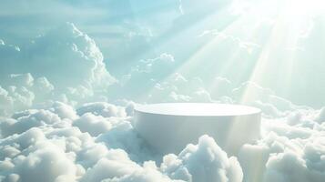 Empty podium floating in the clouds with sun rays shining through. photo
