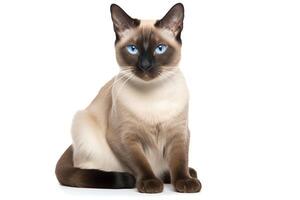 A studio portrait of a Siamese cat with blue eyes, sitting on a white seamless background. The cat is looking directly at the camera with a curious expression. photo